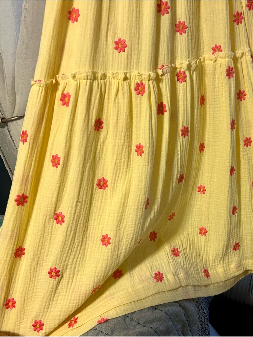 Yellow Smocked Maxi Dress with pinkish-red  Floral Embroidery - Picture 5 of 14